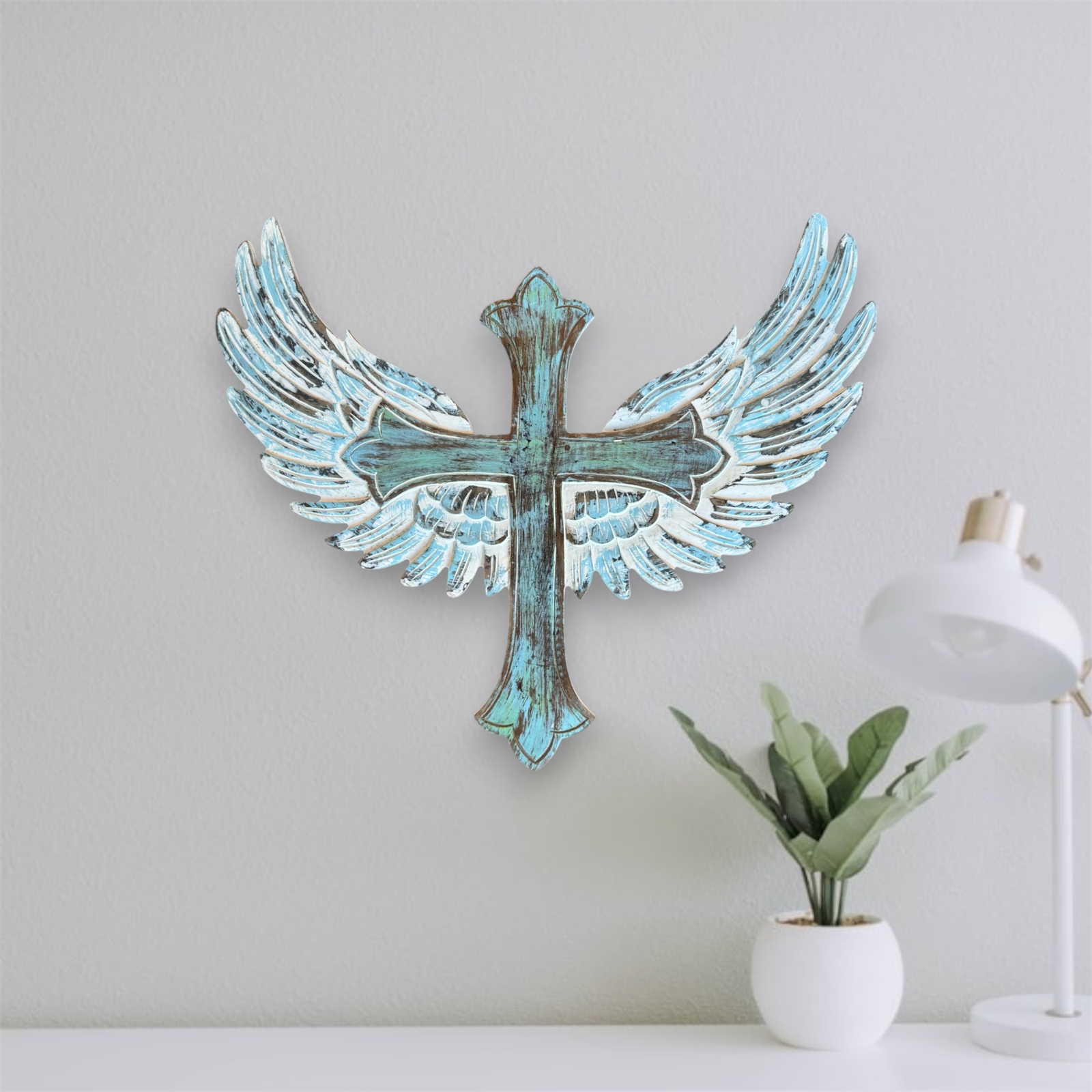 Uriel Angel Wings Wall Cross Antq White/Verdis Pat